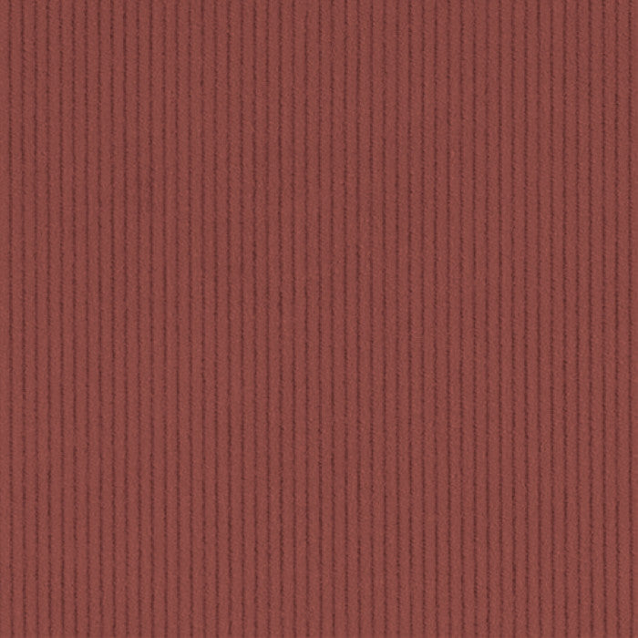 A close-up of a rust red ribbed fabric texture with vertical corduroy-like ridges.