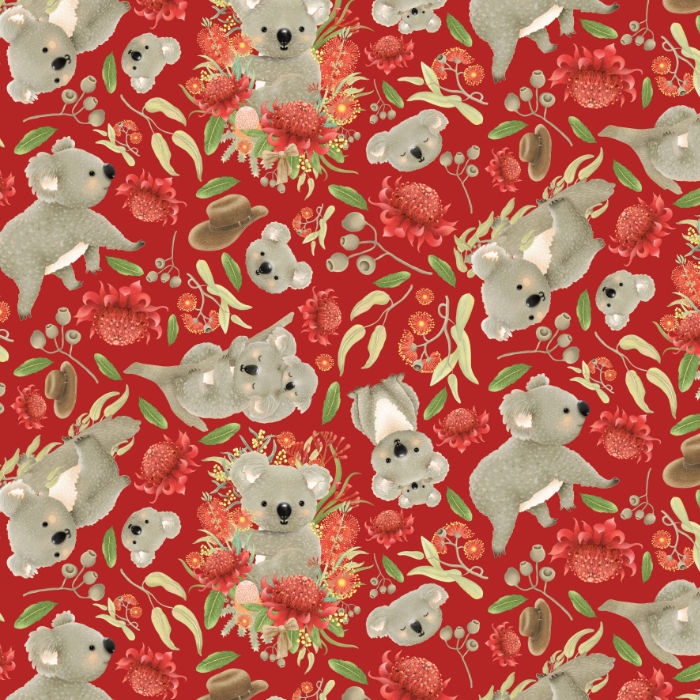 Koalas and native flowers on red – Jen Digital Art