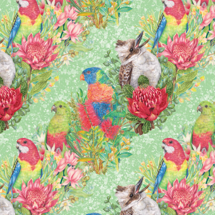 Parrots & Kookaburra Green Fabric – Bird Bouquet by Kayla Reay