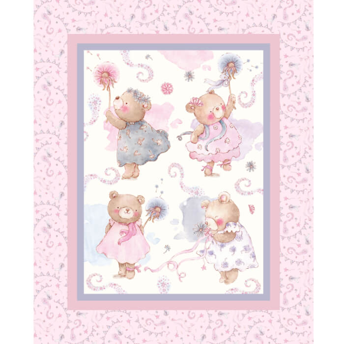 Fabric printed with four dancing teddy bears in dresses