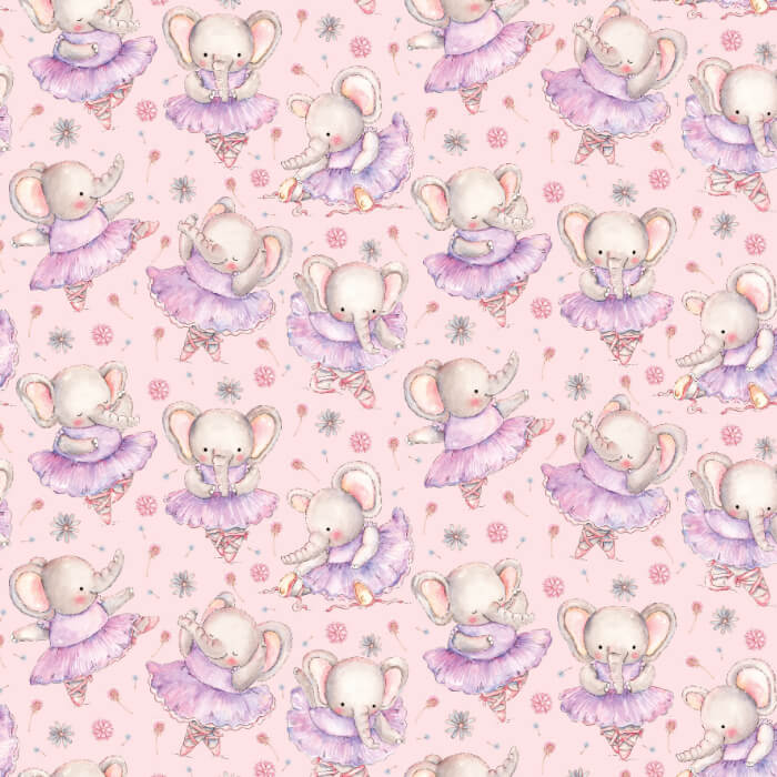 fabric printed with ballerina elephants in purple tutus on a pink background