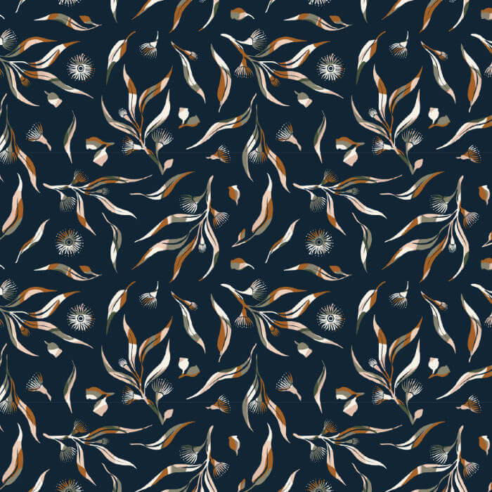 Floral pattern with leaves and flowers on a dark blue background