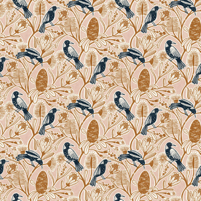Patterned fabric with birds and floral elements on a beige background