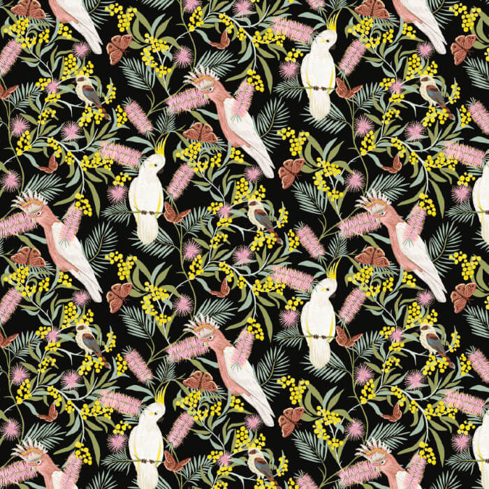 Black Australian bird fabric with cockatoos, kookaburras, wattle and native flowers.