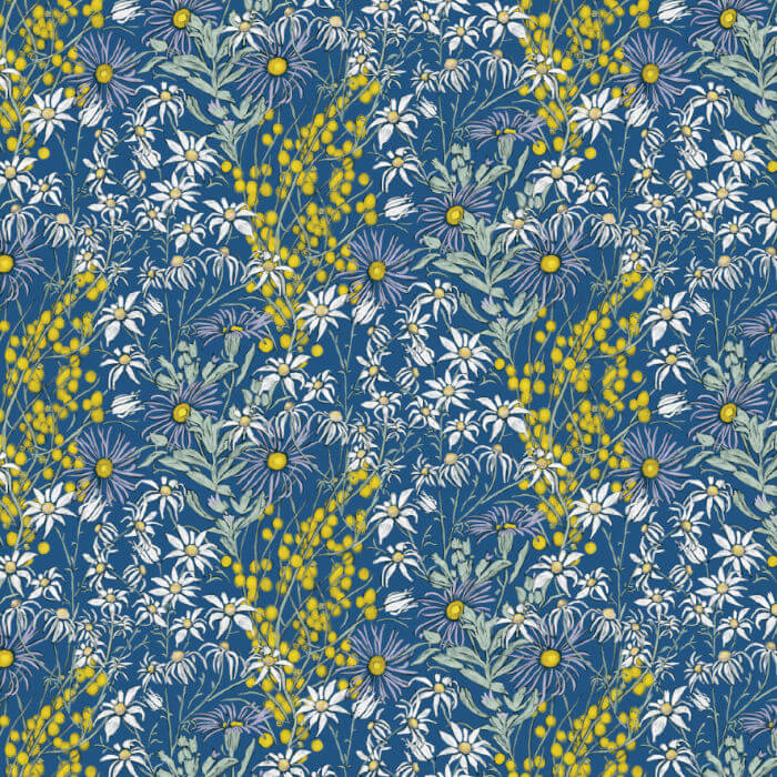 Blue Australian native flower fabric with golden wattle, white wildflowers and botanical foliage.