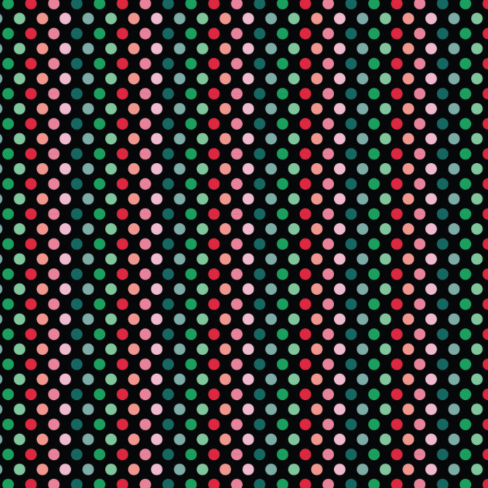 A repeating pattern of small multicolored polka dots in pink, green, red, and orange on a black background.
