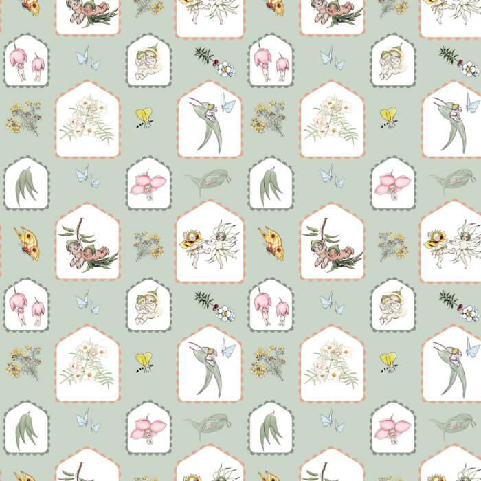 May Gibbs Gumnut Cameos Sage Quilting Fabric