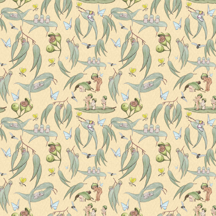 Pattern of characters and eucalyptus leaves on a yellow background