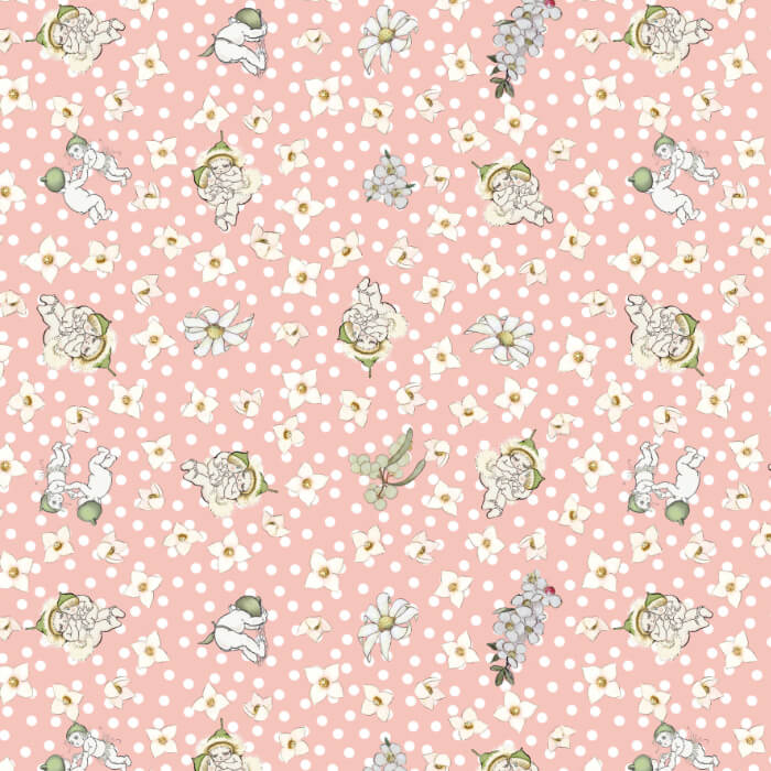 Pattern of small white flowers and green leaves on a pink background with white polka dots.