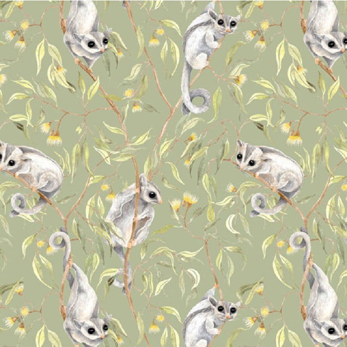 Cheeky Possums Sage-100% cotton-fabric