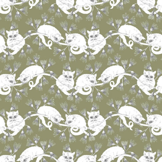 Cheeky Possums Hanging out Possums Green -100% cotton-fabric