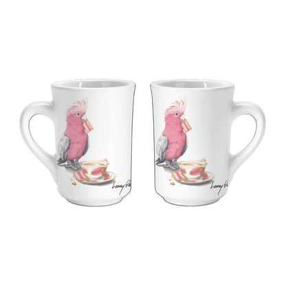 Mug with a picture of a galah eating Iced VoVo biscuits and drinking tea