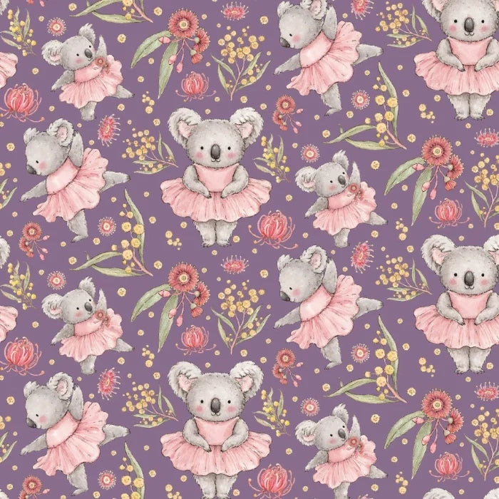 A repeating watercolor-style pattern on a purple fabric featuring koalas in pink tutus surrounded by flowers and leaves.