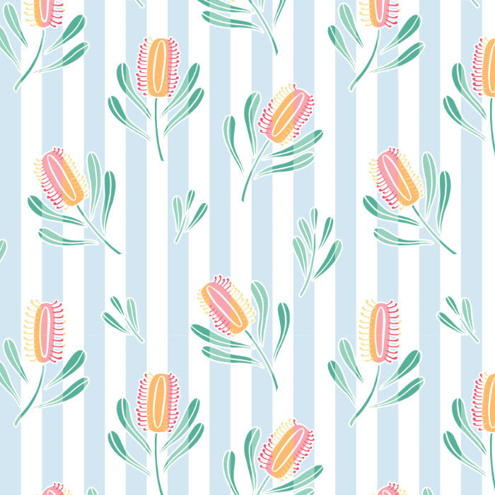 knit fabric printed with stripes and banksia flower