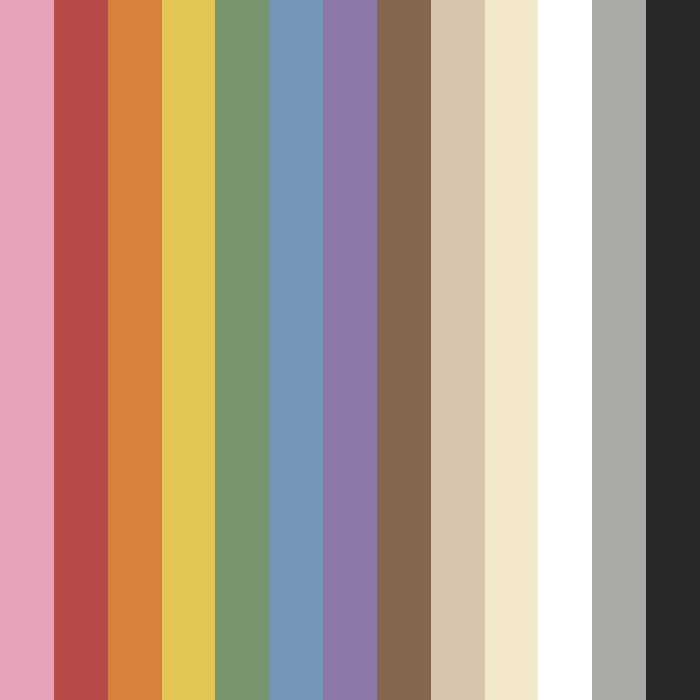 A vertical multicolor stripe pattern featuring shades of pink, red, orange, yellow, green, blue, purple, brown, beige, gray, and black.