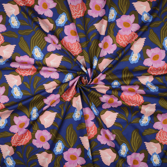 Nerida Hansen Fabrics- London Floral Crisp Cobalt Collection GOTS Organic Cotton Voile
