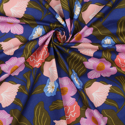 Nerida Hansen Fabrics- London Floral Crisp Cobalt Collection GOTS Organic Cotton Voile