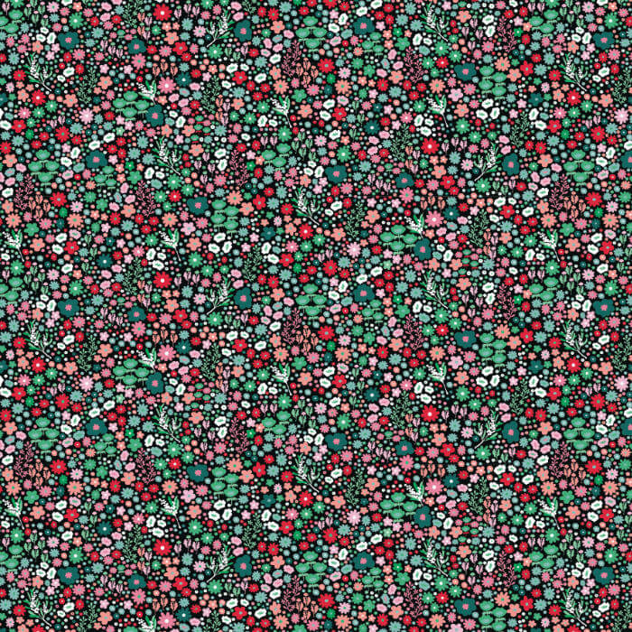 A dense, seamless floral pattern featuring small red, pink, white, and green flowers with black outlines on a dark background.