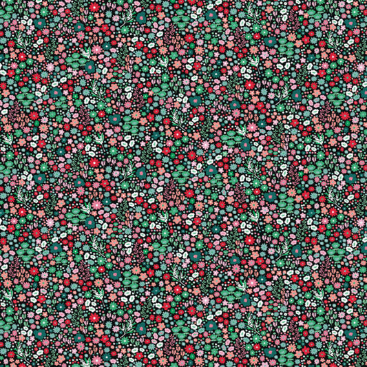 A dense, seamless floral pattern featuring small red, pink, white, and green flowers with black outlines on a dark background.