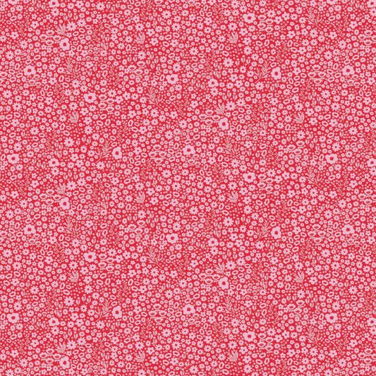 A close-up of a repeating floral pattern in coral red and white, showing small daisy-like blossoms and leaves filling the frame.