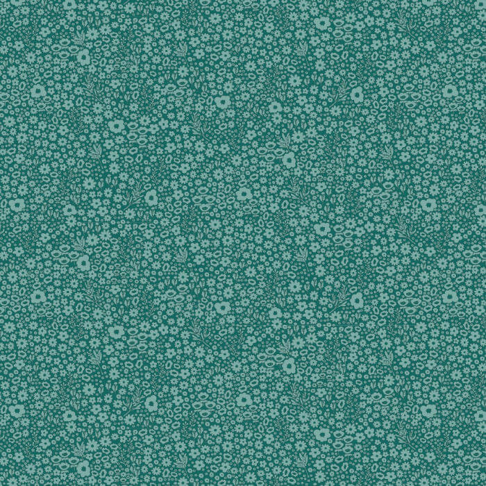 A close-up of a repeating floral pattern in teal green and light sage green, filling the entire frame.