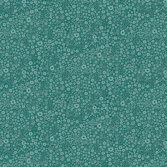 A close-up of a repeating floral pattern in teal green and light sage green, filling the entire frame.