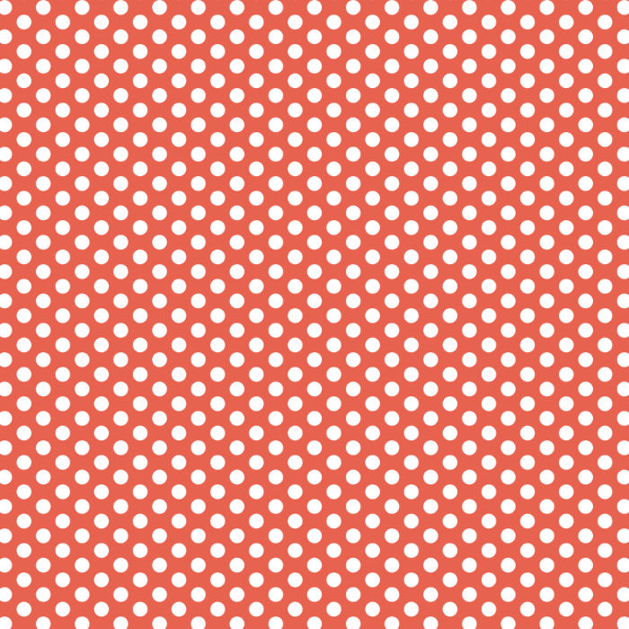 A repeating pattern of small white polka dots on a coral-red background.