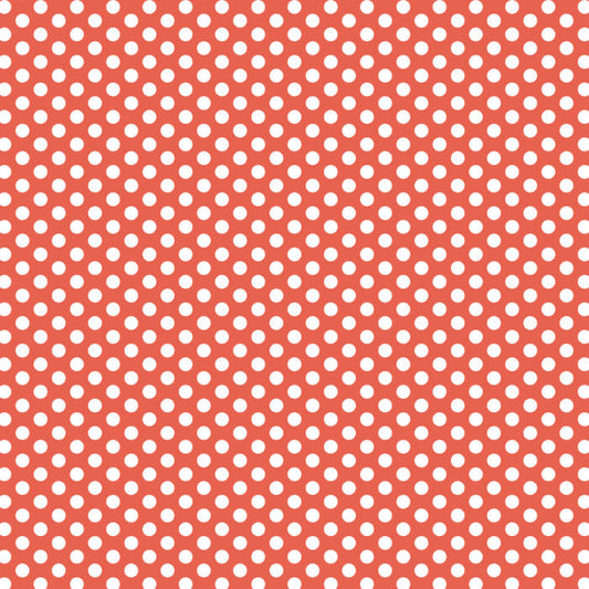 A repeating pattern of small white polka dots on a coral-red background.