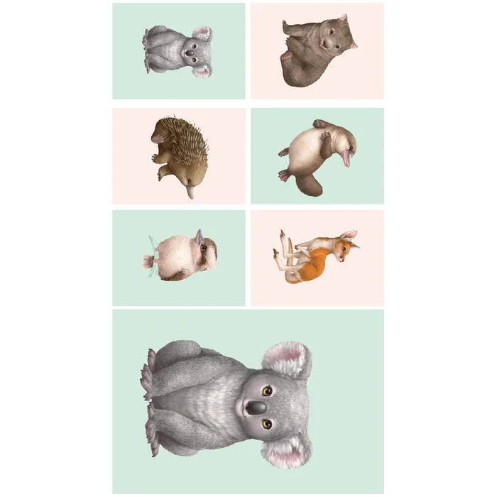 Fabric featuring cute animal illustrations, including a koala, wombat, echidna, platypus, kangaroo, and kookaburra