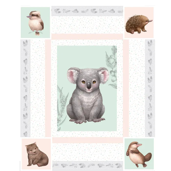 fabric panel featuring illustrations of a koala, echidna, and other Australian animals on a white background.