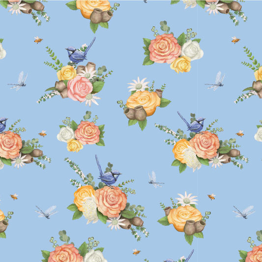 Elise Martinson - Native Nursery - Floral Birds Soft Blue