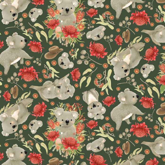 Koalas and native flowers on green – Jen Digital Art