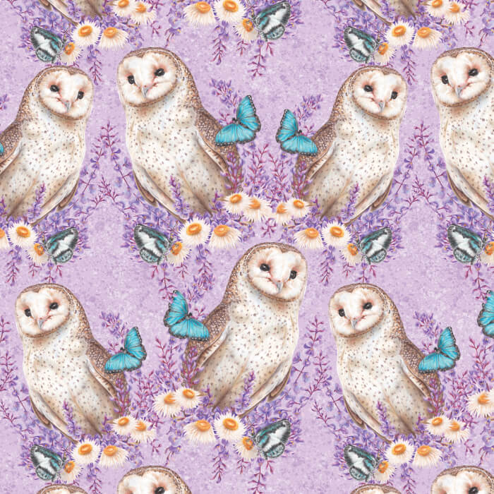 Barn Owl Lilac Fabric – Bird Bouquet by Kayla Reay