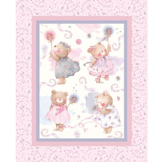Fabric printed with four dancing teddy bears in dresses