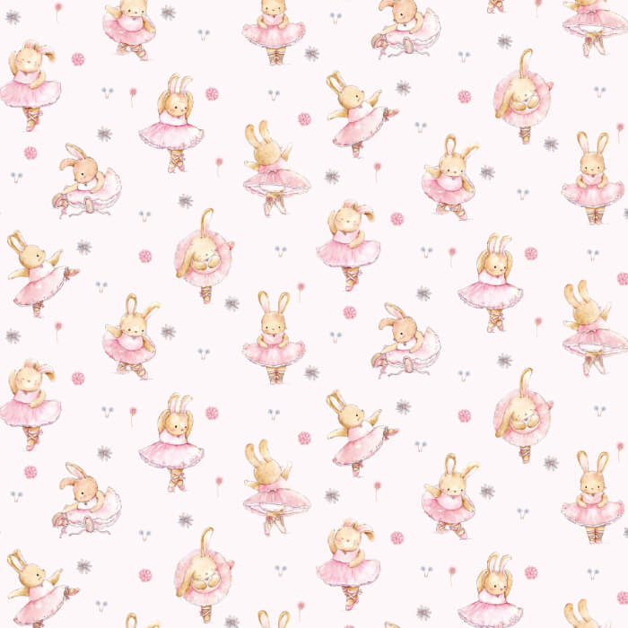 fabric printed with bunnies in ballet costumes on a white background