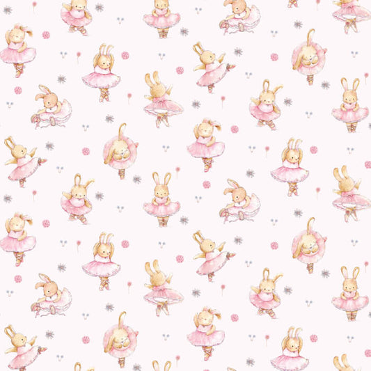 fabric printed with bunnies in ballet costumes on a white background