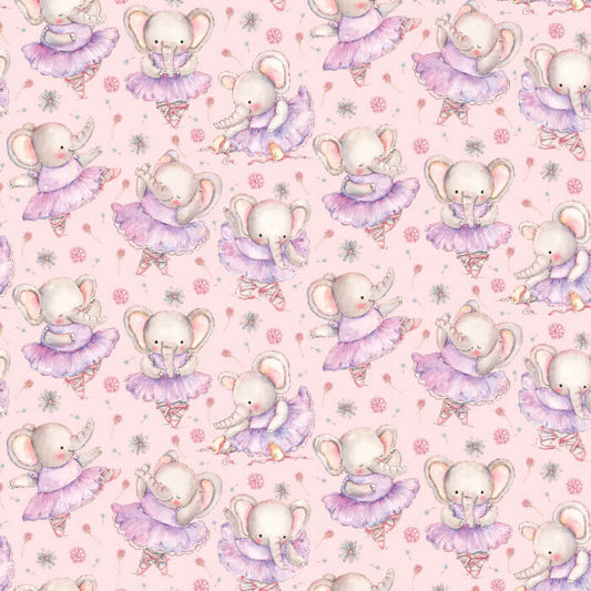 fabric printed with ballerina elephants in purple tutus on a pink background