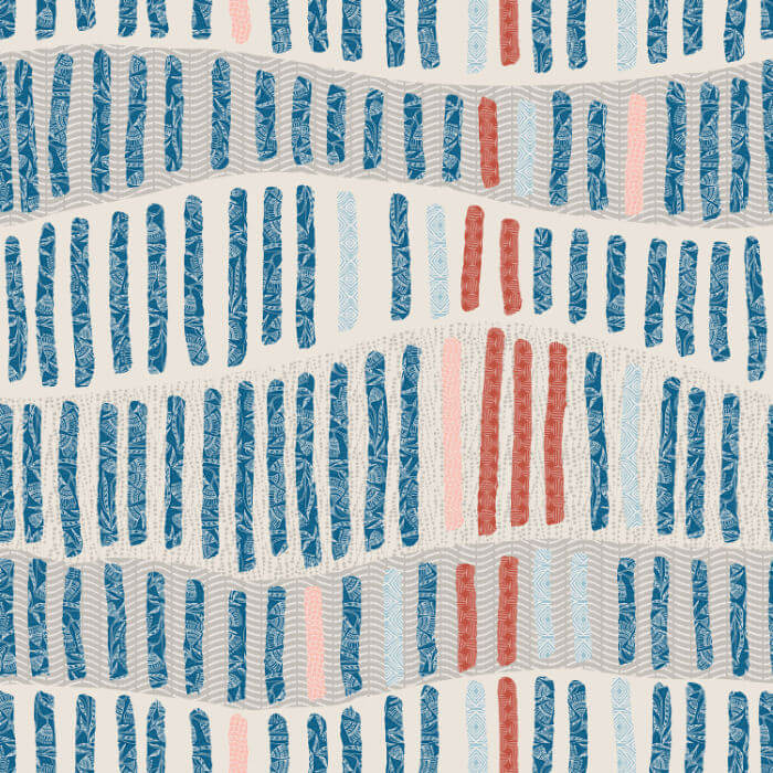 Patterned fabric with blue, red, and pink vertical stripes on a beige background