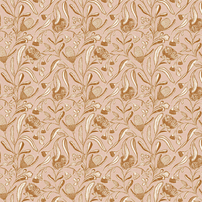 Patterned fabric with Australian floral design on a pink background