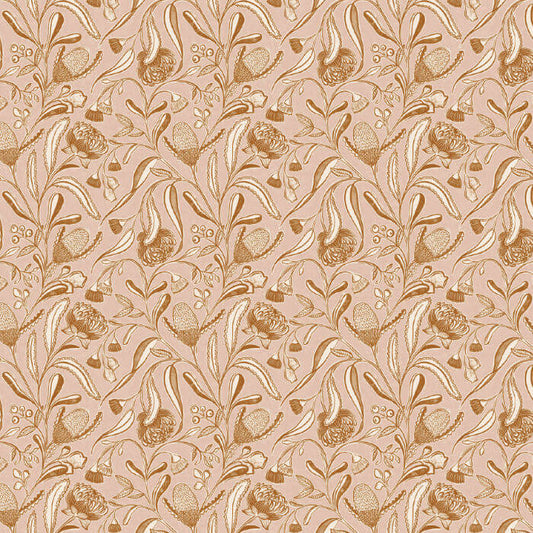 Patterned fabric with Australian floral design on a pink background