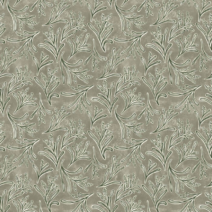 Patterned fabric with leaf and floral design on a gray background