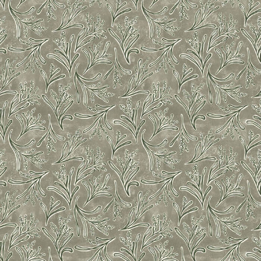 Patterned fabric with leaf and floral design on a gray background