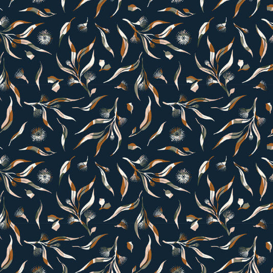 Floral pattern with leaves and flowers on a dark blue background