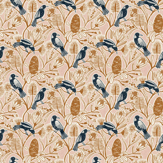 Patterned fabric with birds and floral elements on a beige background