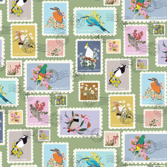 Australian bird postage stamp fabric with native birds and flowers on a green background.