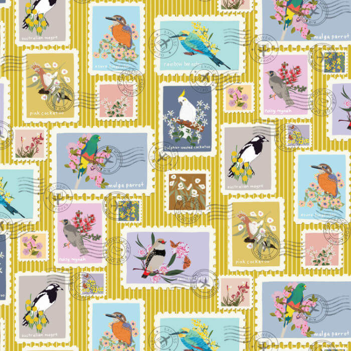 Australian bird postage stamp fabric with native birds and flowers on a yellow striped background.