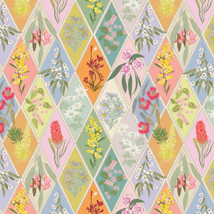 Australian wildflower fabric with native flowers and foliage arranged in multicoloured diamond shapes.