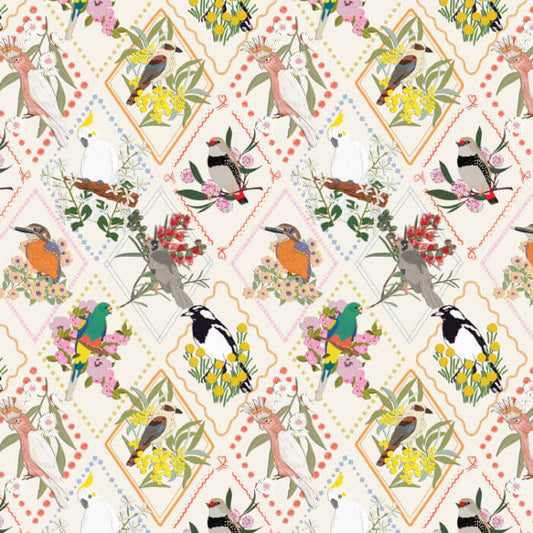 Cream Australian native bird fabric with kookaburras, cockatoos, magpie larks, kingfishers, parrots and native flowers.