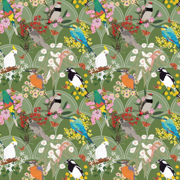 Green Australian native bird and flower fabric with colourful birds, butterflies and native flora.