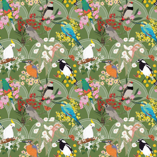 Green Australian native bird and flower fabric with colourful birds, butterflies and native flora.
